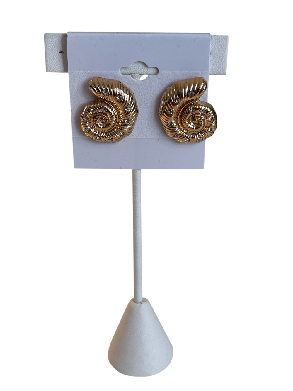 Gold Tone Nautilus Shell Studs w/ Clear Pave Crystal Accents.